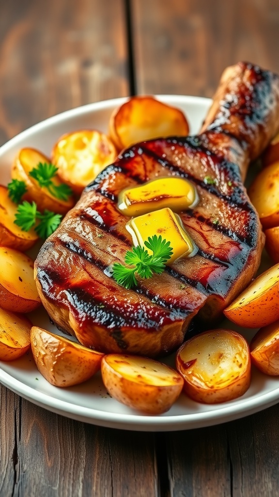 A plated garlic butter steak with crispy potatoes, garnished with parsley on a wooden table.